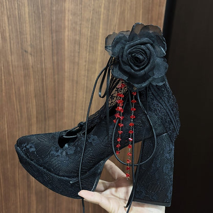 Black Punk Gothic High Block Heels - Black/Red Flower Clips, Back Zip Closures & Crossed Straps