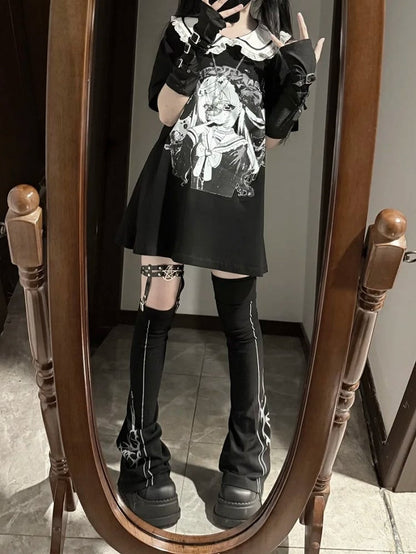 Anime Girl Print Peter Pan Collar Black Jirai Kei T-shirt