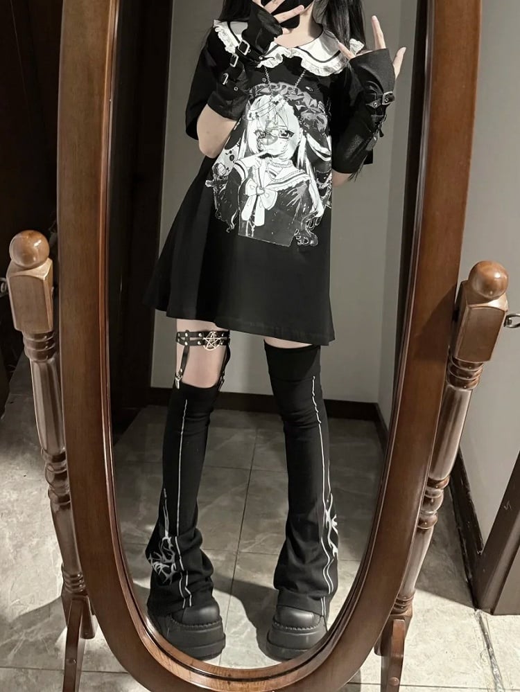 Anime Girl Print Peter Pan Collar Black Jirai Kei T-shirt