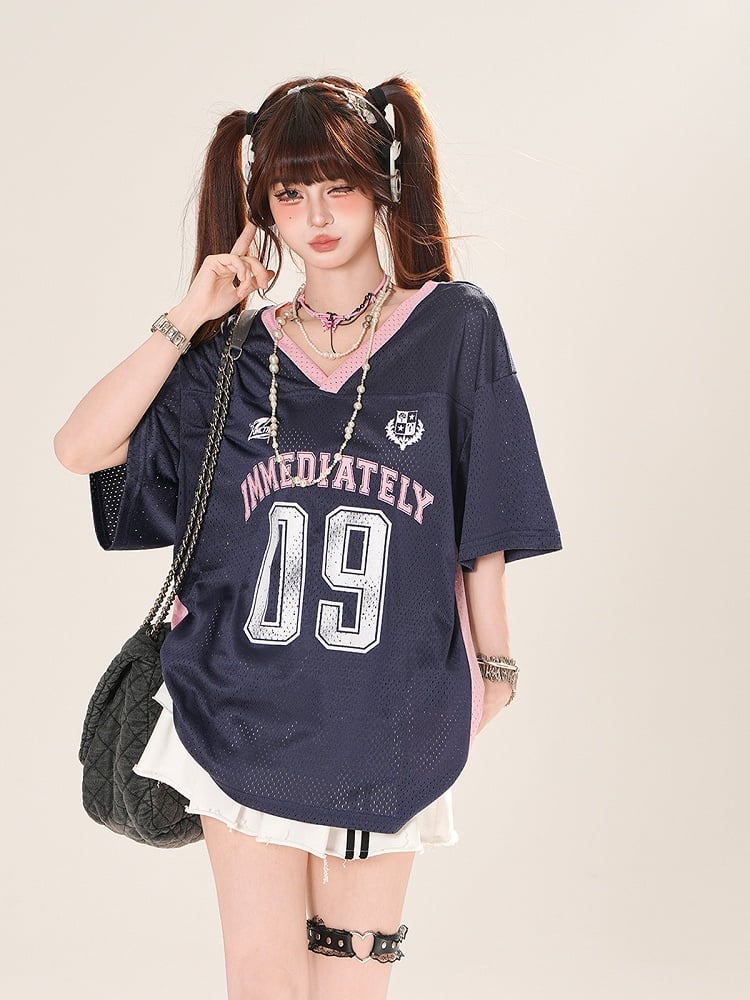 Gray/Dark Blue Number Print Hollow-out T-shirt V-neck Loose Top