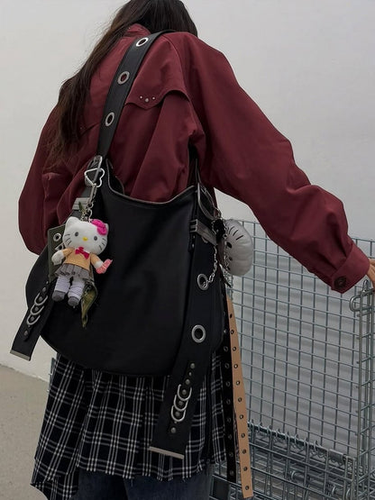 Vintage Black Crescent Tote Bag With Adjustable Strap - Punk Style