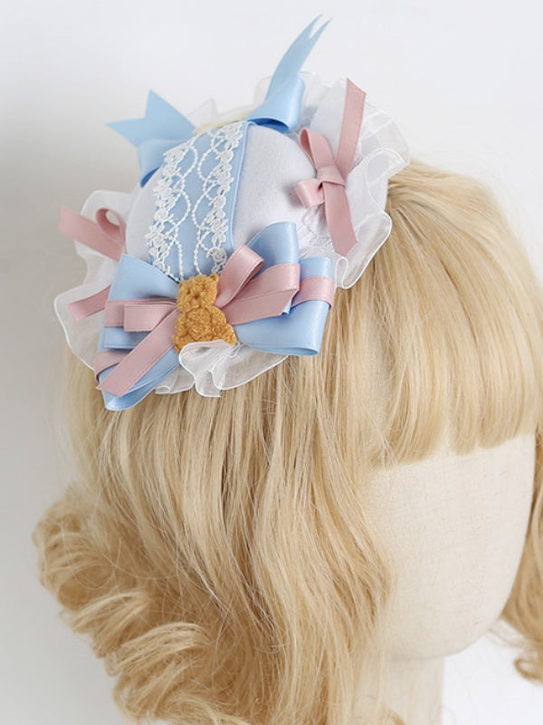 Gorgeous Lolita Pink & Blue Bowknot Lace Mini Hat With Bear Decoration