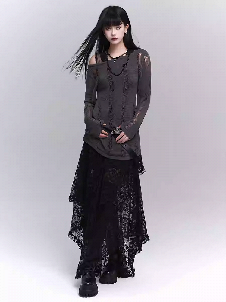Black Semi-Sheer Floor Length Asymmetrical Lace Skirt