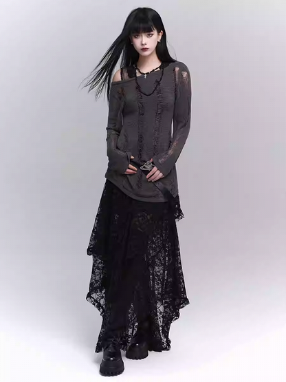 Black Semi-Sheer Floor Length Asymmetrical Lace Skirt