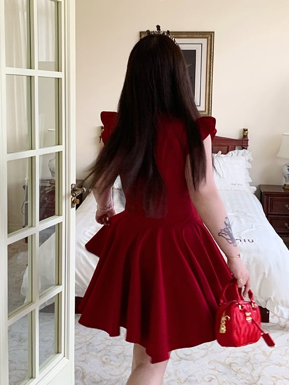 Plus Size V-neck Flutter Sleeves Big Bow Front Red Dress