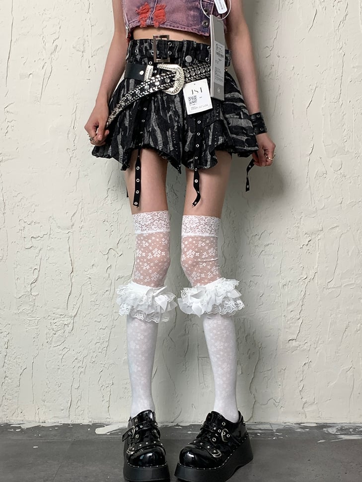 White Y2K Bittersweet Floral Pattern Lace Trim Overknee Stockings