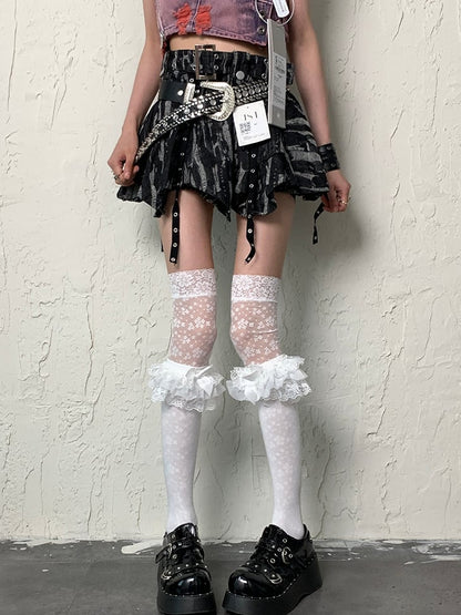 White Y2K Bittersweet Floral Pattern Lace Trim Overknee Stockings