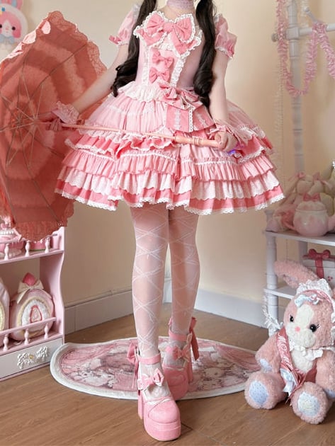 Pink Sweet Bow Accents Short Sleeves Dress Lolita One Piece
