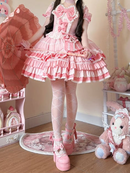 Pink Sweet Bow Accents Short Sleeves Dress Lolita One Piece