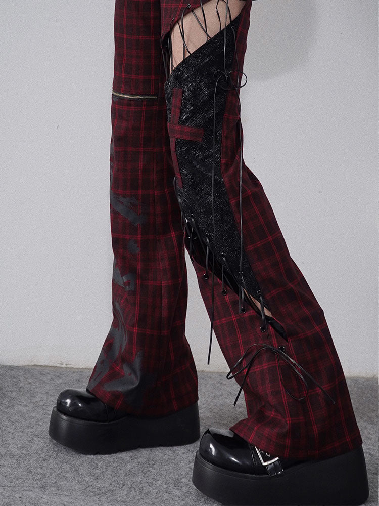 Lace-up Detail Red and Black Plaid Punk Rock Cutout Pants