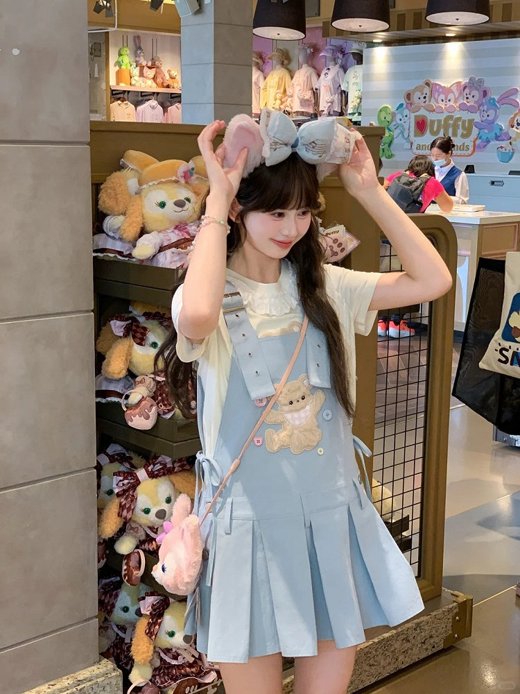 Plush Bear Applique Blue Box Pleat Overall Dress Adjustable Shoulder Straps