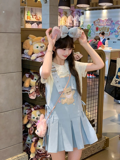 Plush Bear Applique Blue Box Pleat Overall Dress Adjustable Shoulder Straps