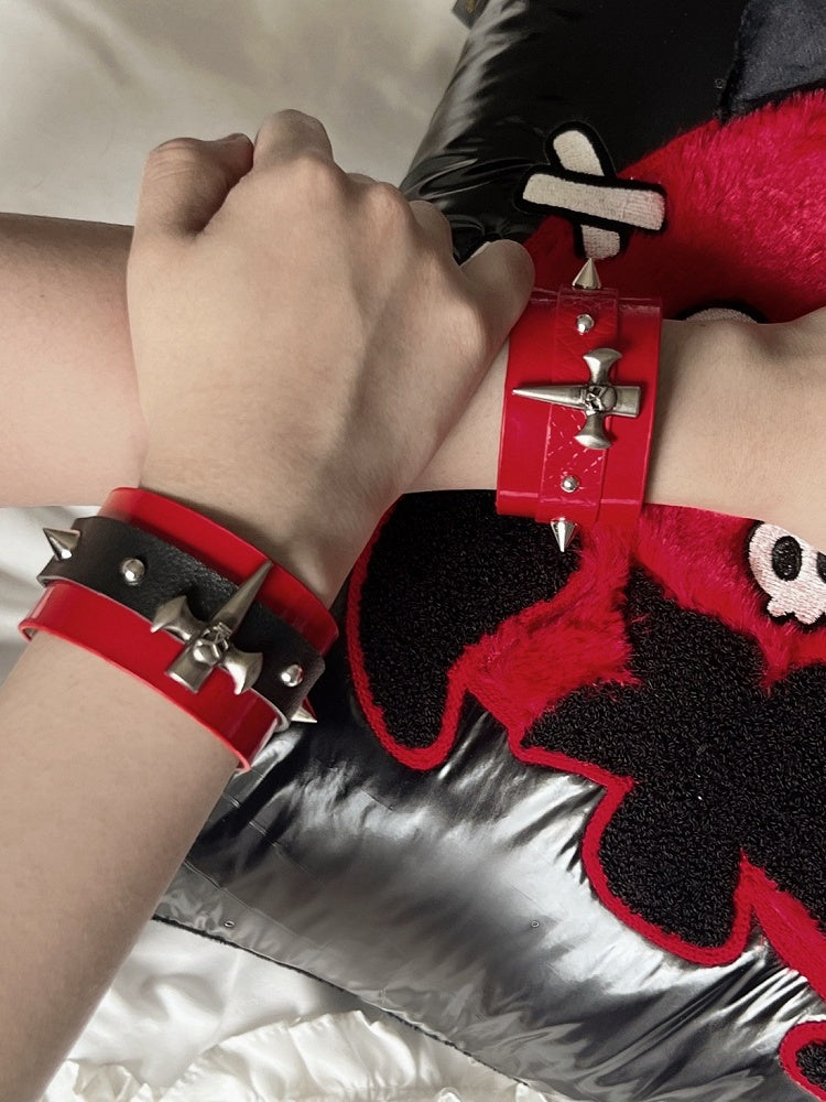 Black and Red/Red Cross Stud Punk Bracelet