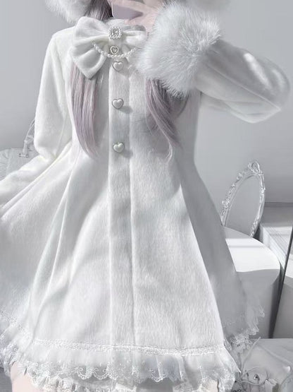 Jirai Kei White Wool Blend Coat with Detachable Bunny Hood | A-Line Winter Style