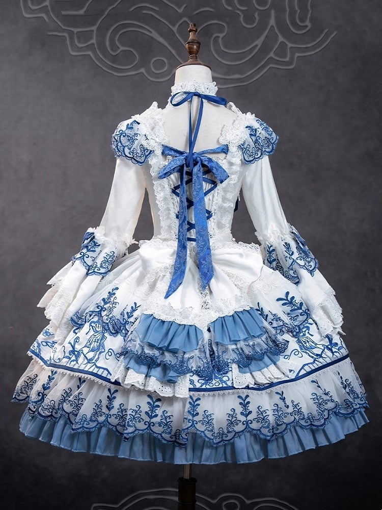 Butterfly Fabric Blue and White Porcelain Embroidery Chinoiserie Style Lolita Dress Short Version
