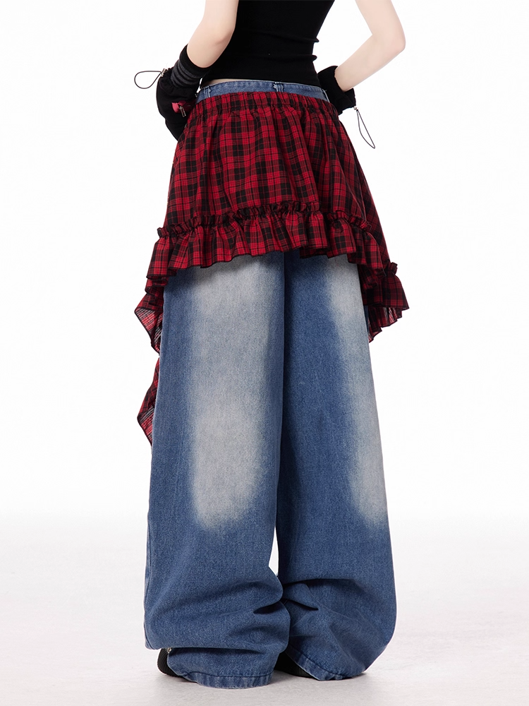 Blue Low Rise Faded Wash Vintage Wide-leg Jeans with Red Plaid Waist Accessory