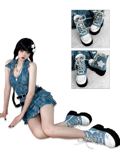 Star Appliques Punk Blue Denim Platform Ankle Boots