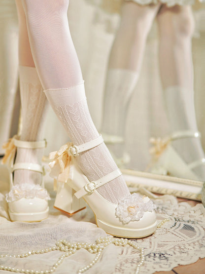 White Knotted Bow at Top Lace Trim Heart Buckles High Block Heels