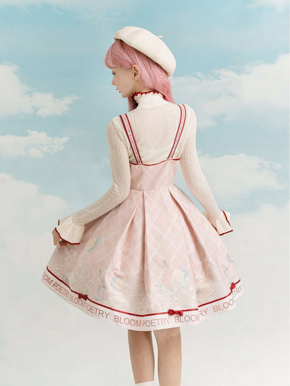 Pink and Red Trimming Lace-up Front Lolita Jumper Skirt