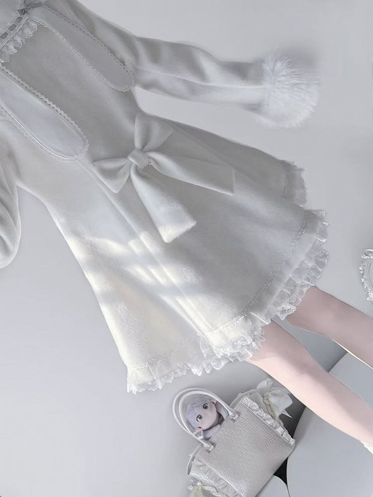 Jirai Kei White Wool Blend Coat with Detachable Bunny Hood | A-Line Winter Style