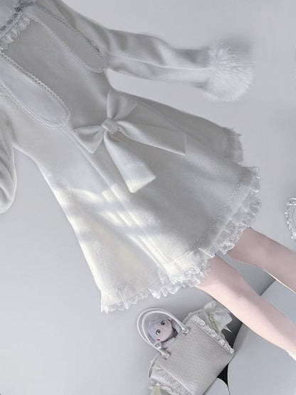 Jirai Kei White Wool Blend Coat with Detachable Bunny Hood | A-Line Winter Style