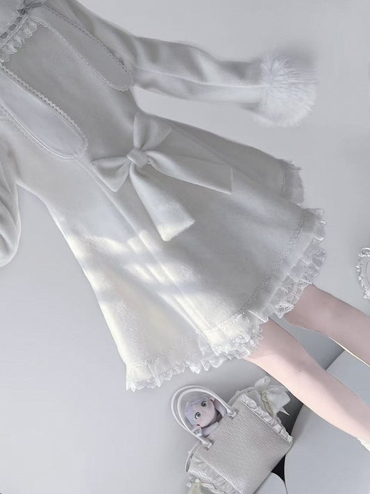 Jirai Kei White Wool Blend Coat with Detachable Bunny Hood | A-Line Winter Style