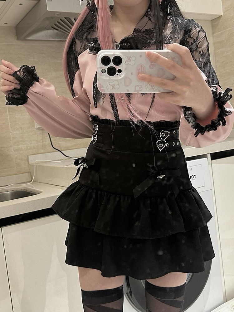 Jirai Kei Light Blue/Black & Pink/Black Cutout Shoulder Sweetheart Buttons Embellished Blouse