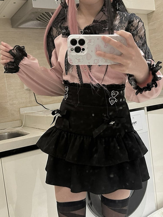 Jirai Kei Light Blue/Black & Pink/Black Cutout Shoulder Sweetheart Buttons Embellished Blouse