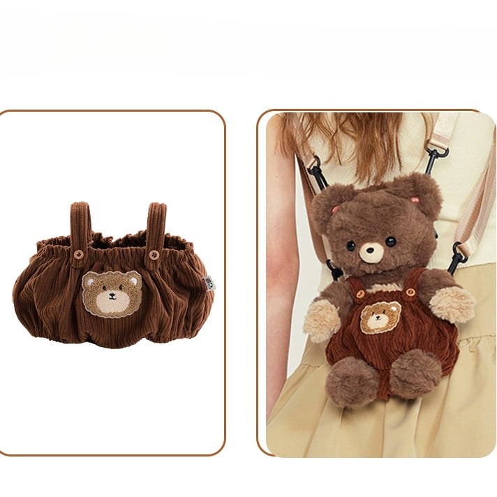 Chocolate Brown Cute Plush Bear Backpack + Overall Pants Middle/Large Size