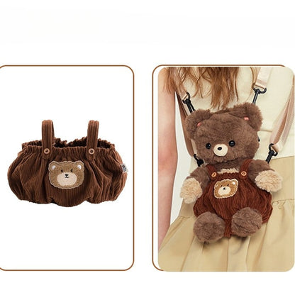 Chocolate Brown Cute Plush Bear Backpack + Overall Pants Middle/Large Size