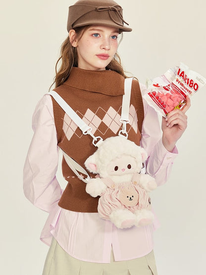 White&Pink Cute Plush Lamb Backpack + Overall Pants Middle/Large Size