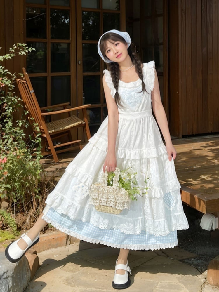 Blue Embroidery Plaid Patch White Flutter Sleeves Lace Trim Tiered Skirt Cutton Overdress