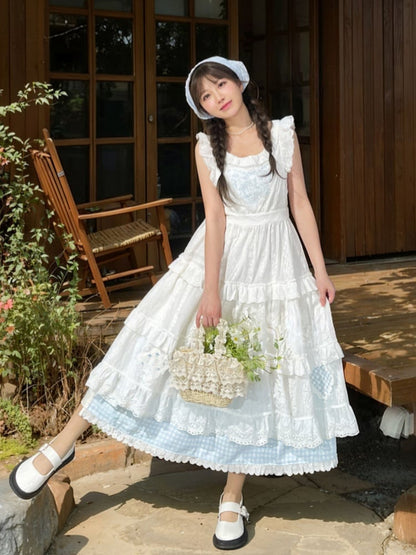 Blue Embroidery Plaid Patch White Flutter Sleeves Lace Trim Tiered Skirt Cutton Overdress