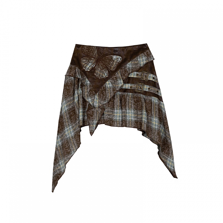 Butterfly Applique Handkerchief Hem Green Plaid Skirt