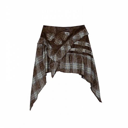 Butterfly Applique Handkerchief Hem Green Plaid Skirt