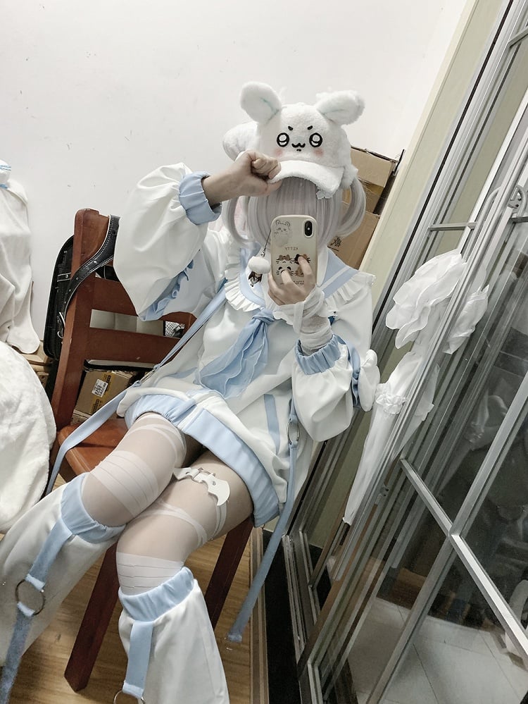 Tenshi Kaiwai White & Blue Sailor Collar Wings Design Jirai Kei Jacket/Leg Warmers