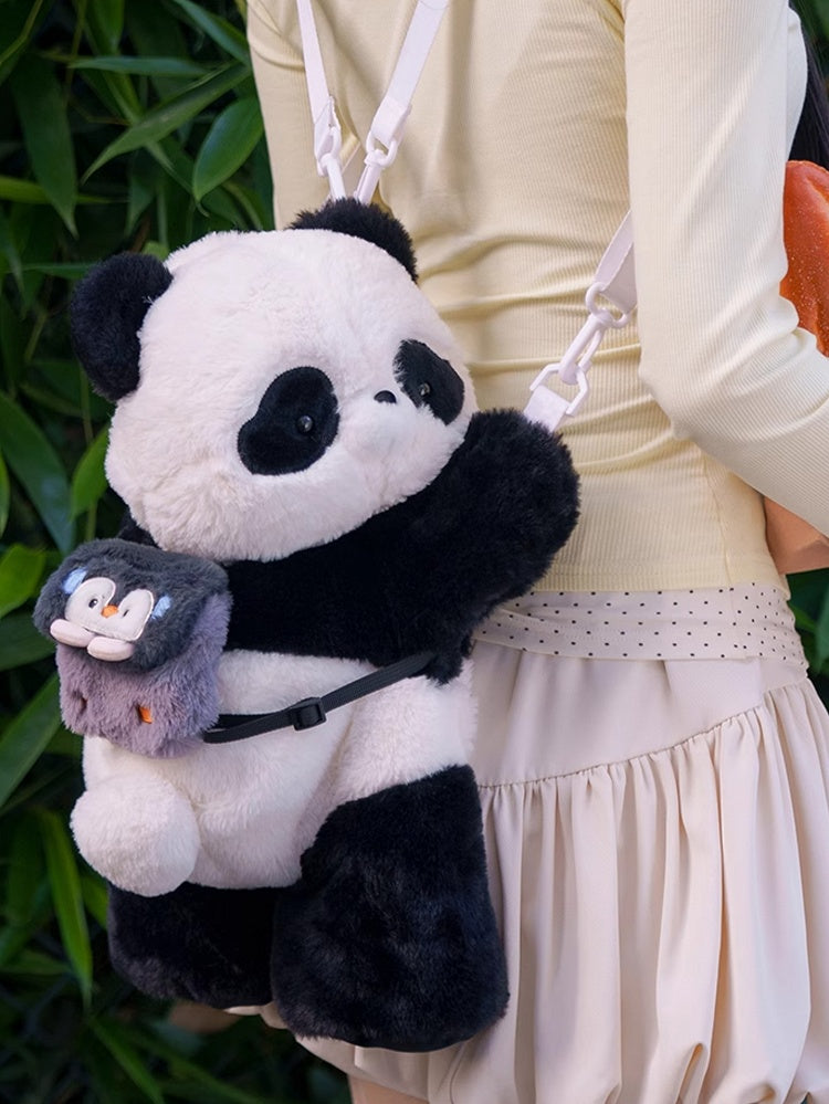 Cute Panda Plush Backpack/Crossbody Bag + Apple/Penguin Backpack Keychain