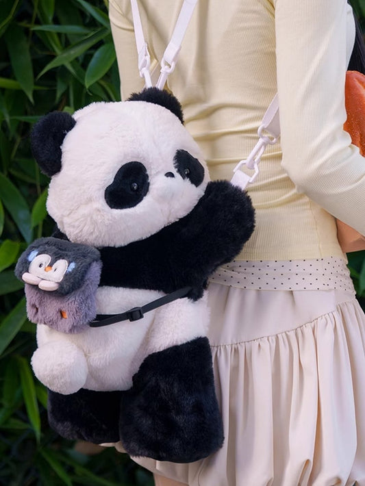 Cute Panda Plush Backpack/Crossbody Bag + Apple/Penguin Backpack Keychain