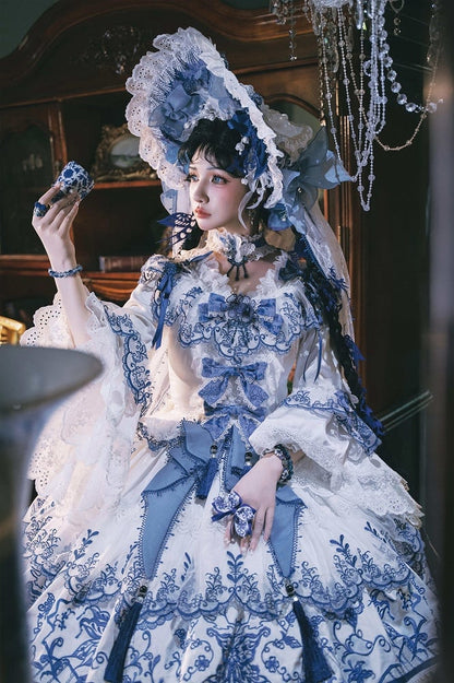 Butterfly Fabric Blue and White Porcelain Embroidery Chinoiserie Style Lolita Dress Long Version
