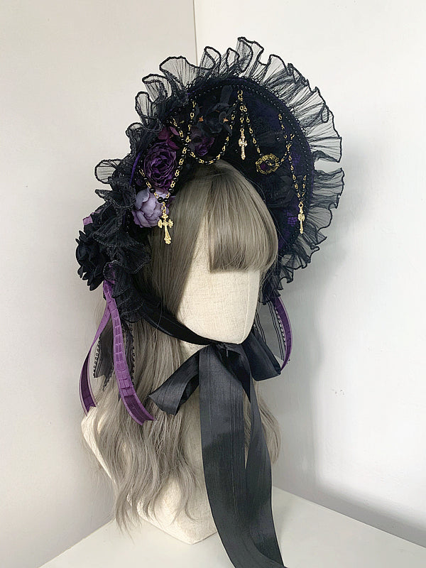 Gothic Cross Chains Floral Design Black and Purple Gorgeous Elegant Bonnet