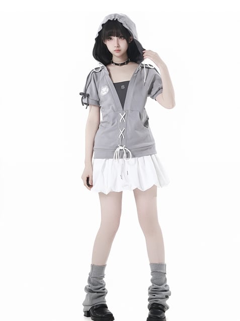 Grey Lace-up Detail Hooded T-Shirt Faux Two-pieces