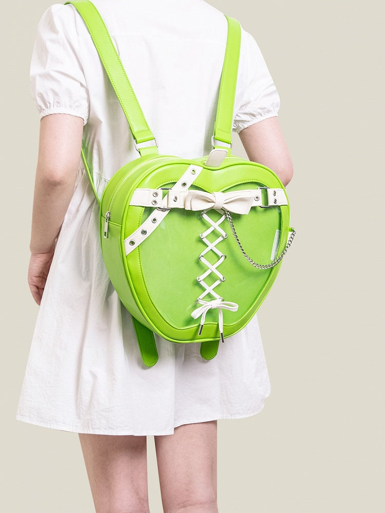 Chic Green Apple-Shaped Ita Backpack With White Belt And Bow Accents