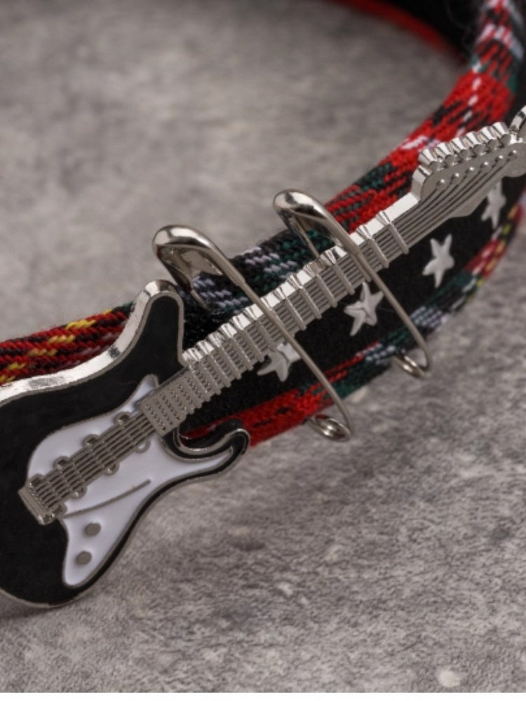 Red And Black Plaid Pattern Star Guitar And Pins Design KC