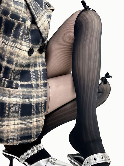 Black/Beige Bowknot Decorated Striped Tights