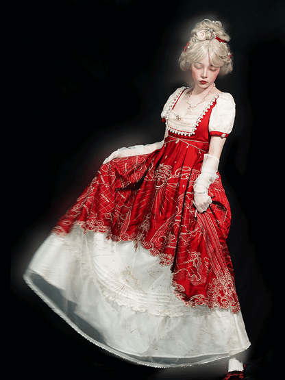 Delicate Gold Celestial Map Embroidery Empire Waist Wine Red and Beige Elegant Classic Lolita One Piece