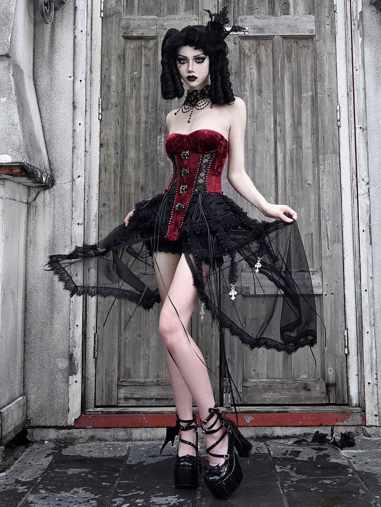 Gothic Vampire Black and Wine Red Birdcage Skirt and Bustier Corset Set