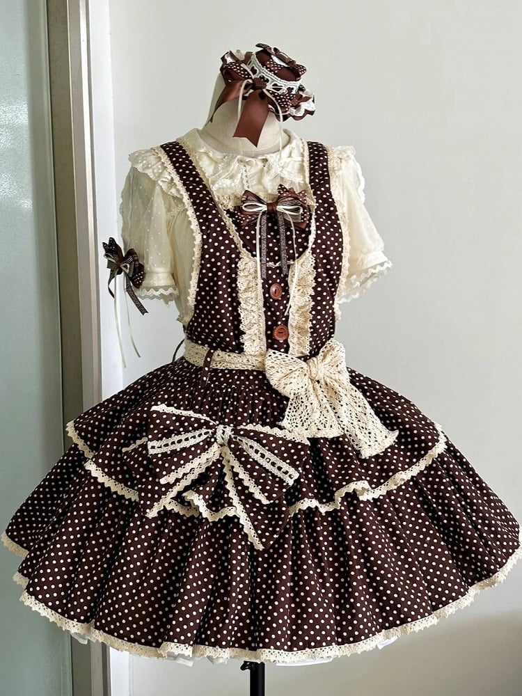 Chocolate Brown Polka-dot Pattern Old School Lolita Overall Dress