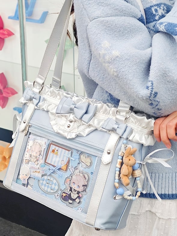 Blue&White Bowknot Details Ruffles Trim Lace-up Design Ita Bag