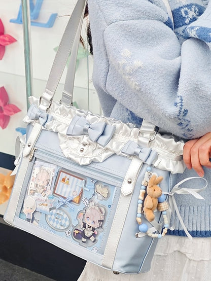 Blue&White Bowknot Details Ruffles Trim Lace-up Design Ita Bag