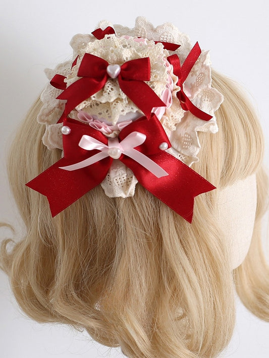 Red&Pink Sweet Lolita Beaded Decorated Bowknot Details Mini Hat